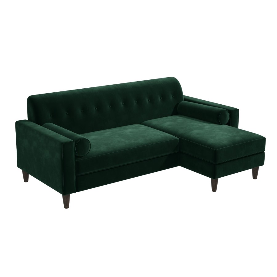 GRADE A2 - Right Hand Facing Dark Green Velvet Corner Sofa with Bolster Cushions - Seats 3 - Idris