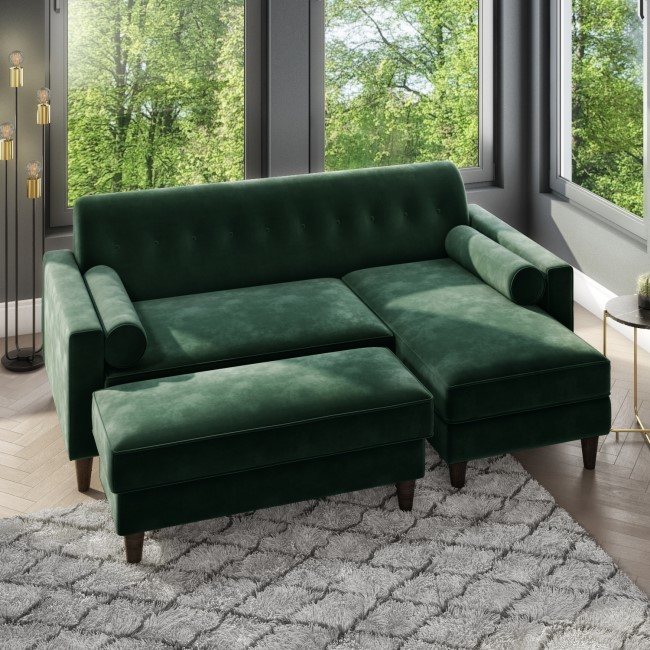 GRADE A2 - Right Hand Facing Dark Green Velvet Corner Sofa with Bolster Cushions - Seats 3 - Idris