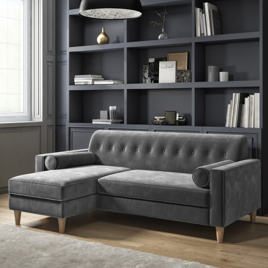 Grey Velvet Left Hand 3 Seater Small L Shaped Sofa - Idris