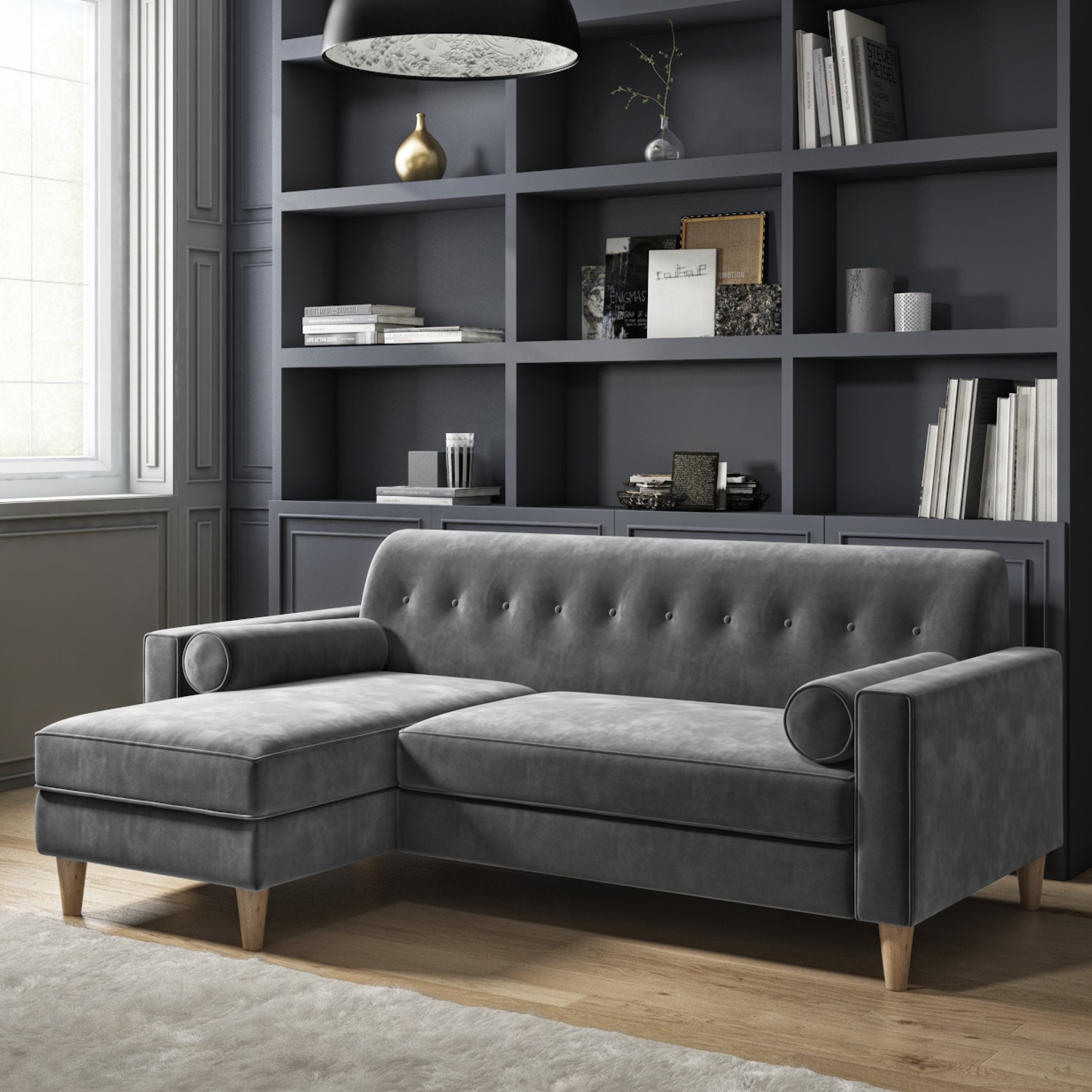 Photo of Grey velvet left hand l shaped sofa - seats 3 - idris