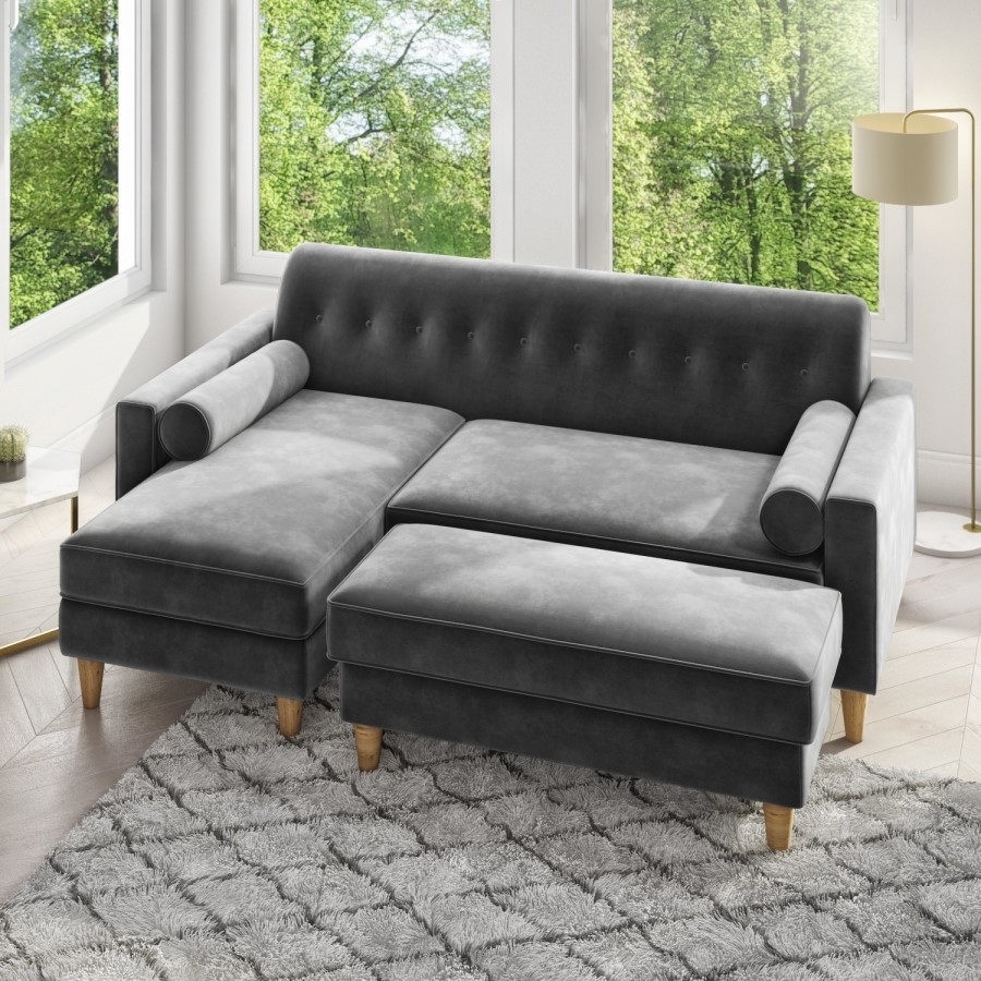 GRADE A2 - Grey 3 Seater L Shaped Sofa in Velvet - Left Hand Facing - Idris