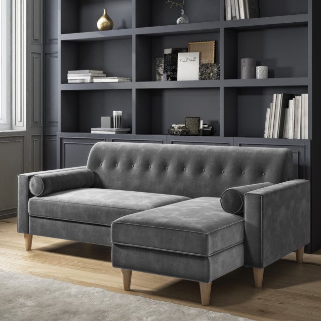 Grey Velvet Right Hand 3 Seater Small L Shaped Sofa - Idris