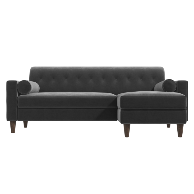 Grey Velvet Right Hand 3 Seater Small L Shaped Sofa - Idris