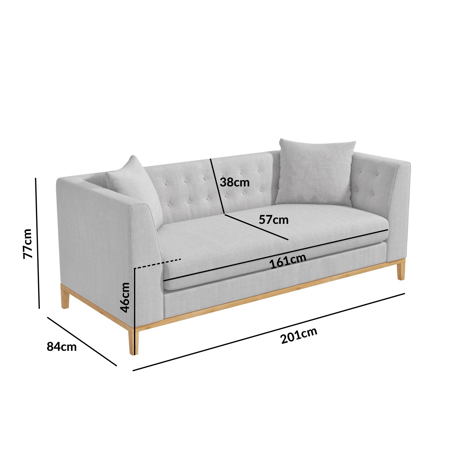 Erin Light Grey Fabric 3 Seater Sofa, What Is The Length Of A 3 Seater Sofa