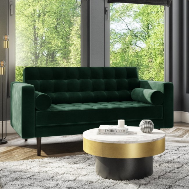 Green Velvet 2 Seater Mid Century Quilted Sofa - Elba