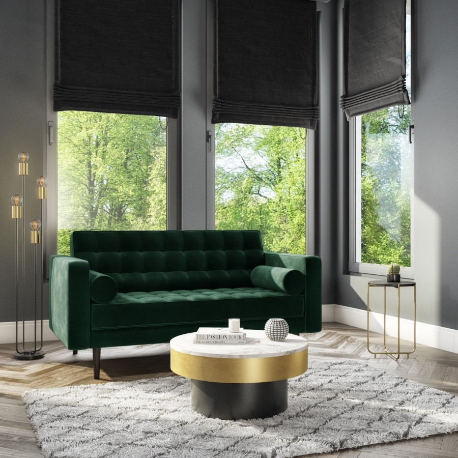 Green Velvet 2 Seater Mid Century Quilted Sofa - Elba