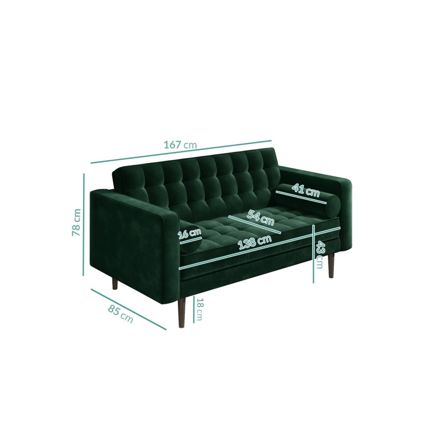 Green Velvet 2 Seater Mid Century Quilted Sofa - Elba