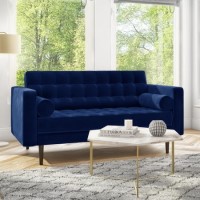 GRADE A1 - Elba Blue Velvet Sofa with Button Detailing & Bolster Cushions - Seats 2 GRADE A1 - Elba Blue Velvet Sofa with Button Detailing & Bolster Cushions - Seats 2