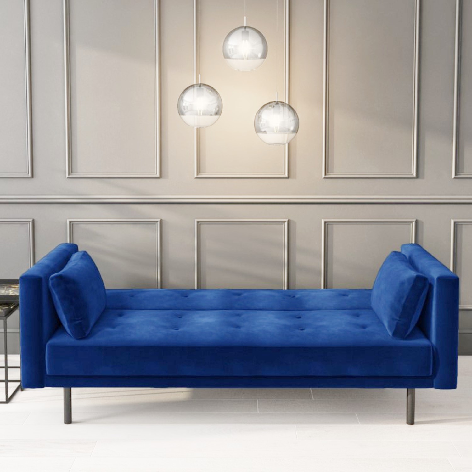 3 Seater Click-Clack Sofa Bed in Navy Blue Buttoned Velvet - Rory ...