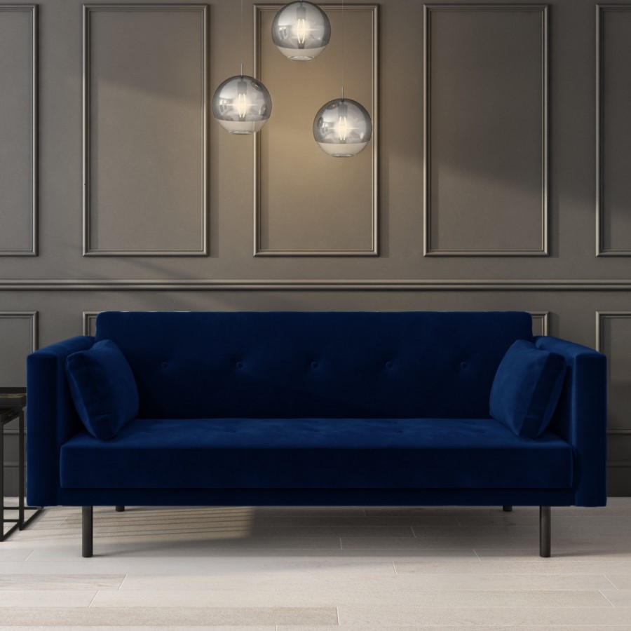 Velvet Sofa Bed in Navy Blue with Buttons- Seats 3 - Rory