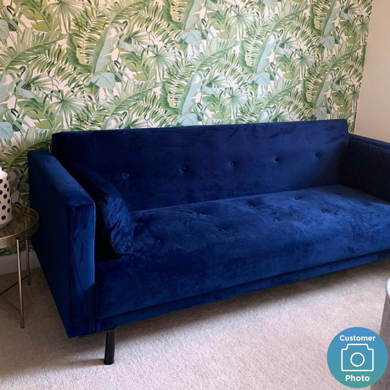 Velvet Sofa Bed in Navy Blue with Buttons Seats 3 Rory Furniture123
