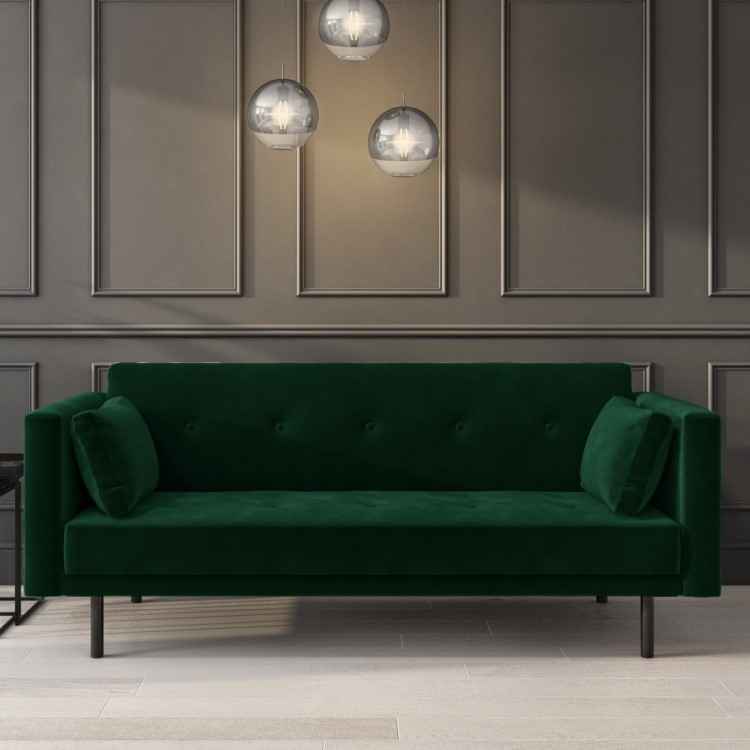 GRADE A1 - Velvet Sofa Bed in Dark Green with Buttons - Seats 3 - Rory