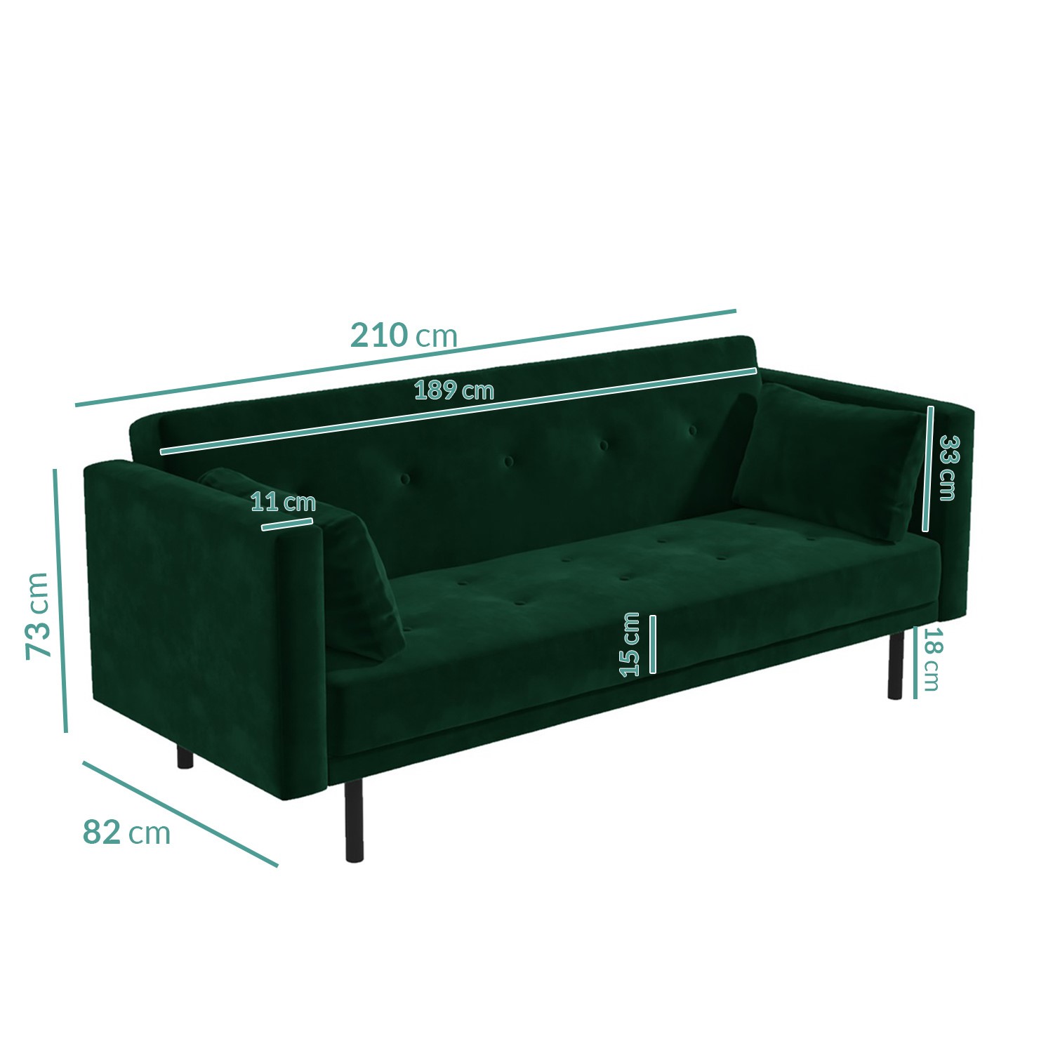 Velvet Sofa Bed in Dark Green with Buttons Seats 3 Rory Furniture123
