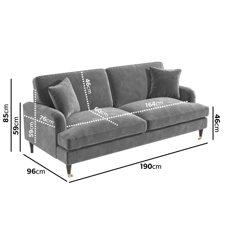 Silver Grey Velvet 3 Seater Sofa - Payton