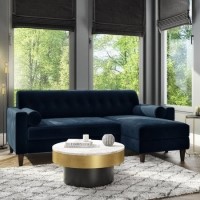 GRADE A2 - Navy Blue Velvet Corner Sofa with Bolster Cushions - Seats 3 - Idris