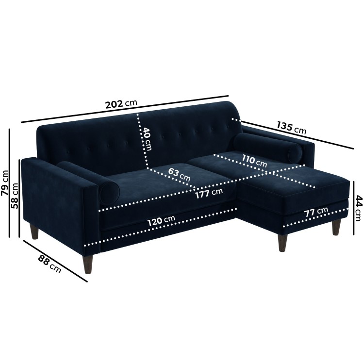 Navy Velvet Right Hand 3 Seater Small Corner Sofa - Idris