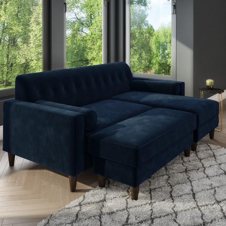 GRADE A2 - Right Hand Facing Navy Blue Velvet Corner Sofa with Bolster Cushions - Seats 3 - Idris