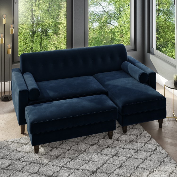 GRADE A2 - Right Hand Facing Navy Blue Velvet Corner Sofa with Bolster Cushions - Seats 3 - Idris