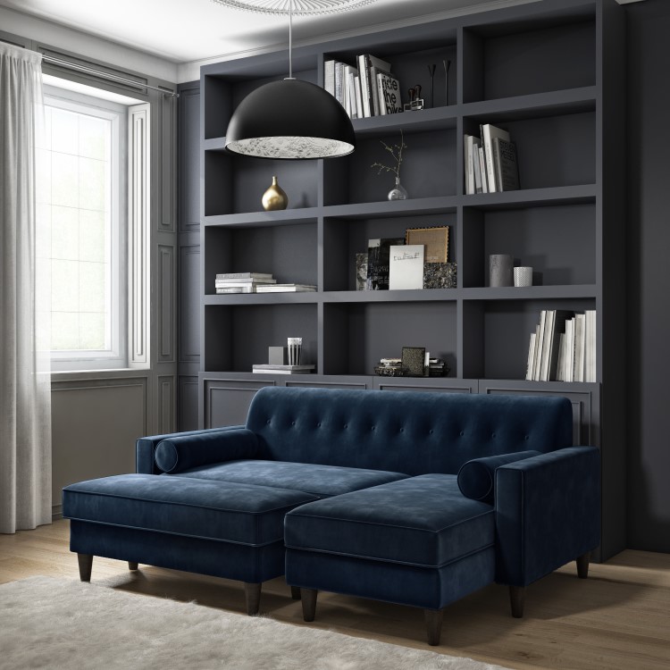 Navy Velvet Right Hand 3 Seater Small Corner Sofa - Idris