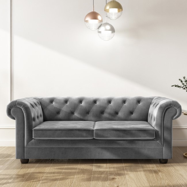 GRADE A2 - Grey Velvet Chesterfield Sofa Bed - Seats 3 - Double Bed - Bronte