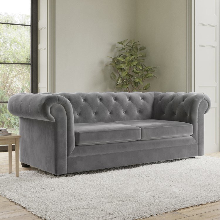 Grey Velvet Chesterfield Pull Out Sofa Bed - Seats 3 - Bronte