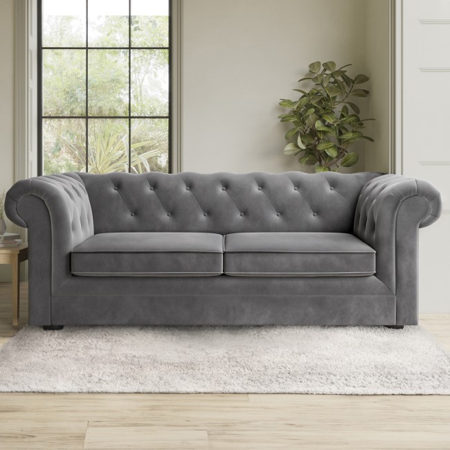 Grey Velvet Chesterfield Pull Out Sofa Bed - Seats 3 - Bronte