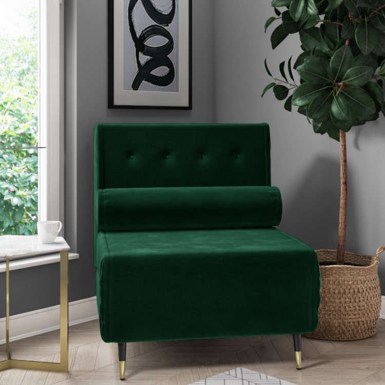 GRADE A1 - Single Sofa Bed in Dark Green Velvet with Bolster Cushion - Eleni