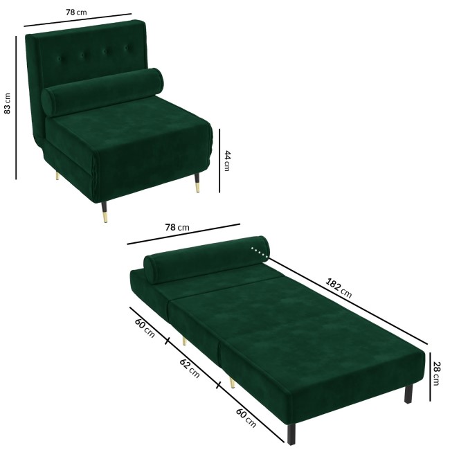 GRADE A1 - Single Sofa Bed in Dark Green Velvet with Bolster Cushion - Eleni