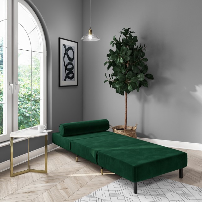 GRADE A1 - Single Sofa Bed in Dark Green Velvet with Bolster Cushion - Eleni