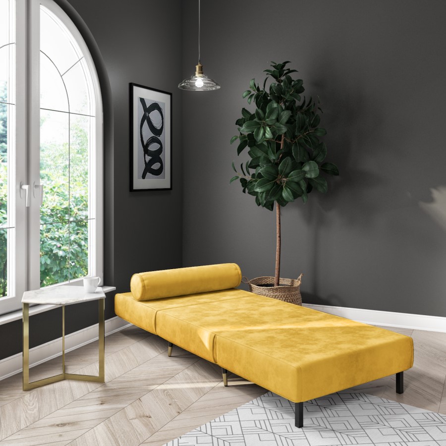 Single Sofa Bed in Yellow Velvet with Bolster Cushion - Eleni