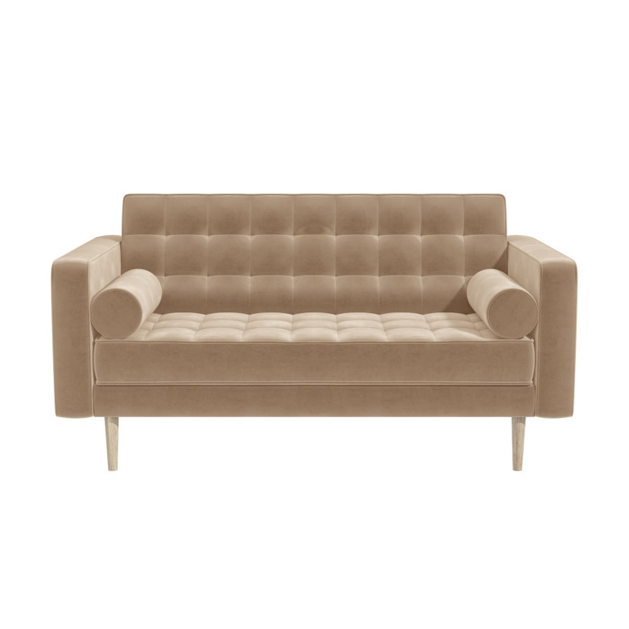 Beige Velvet 2 Seater Quilted Mid Century Sofa - Elba