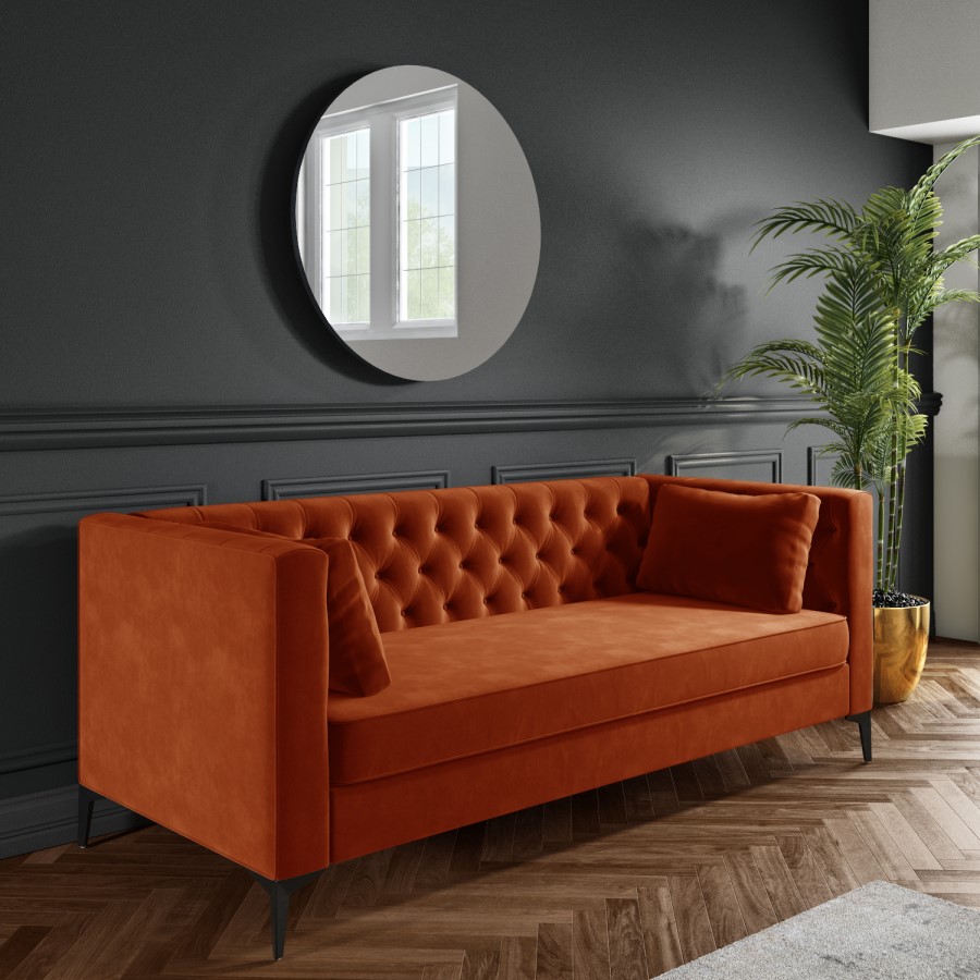 Buttoned Orange Velvet Sofa with Cushions - Seats 3 - Luthor