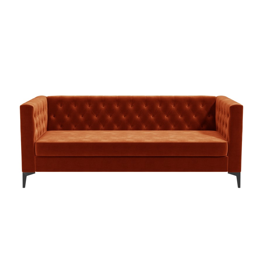 Buttoned Orange Velvet Sofa with Cushions - Seats 3 - Luthor