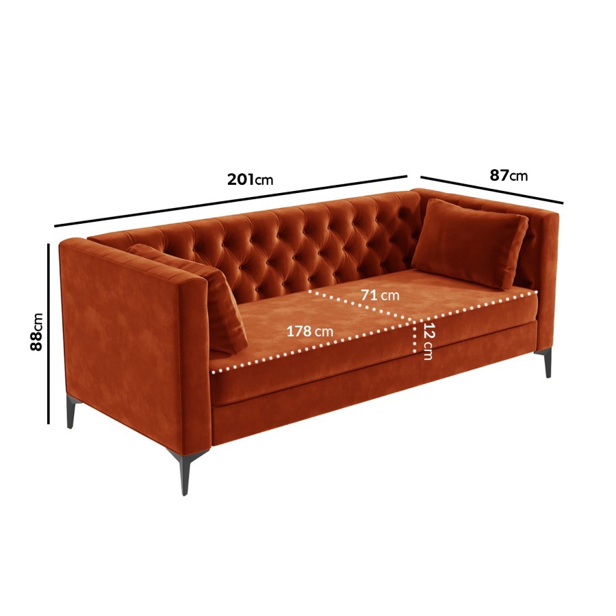 Buttoned Orange Velvet Sofa with Cushions - Seats 3 - Luthor