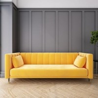 GRADE A1 - Yellow Velvet 3 Seater Sofa Bed with Cushions - Sleeps 2 - Mabel