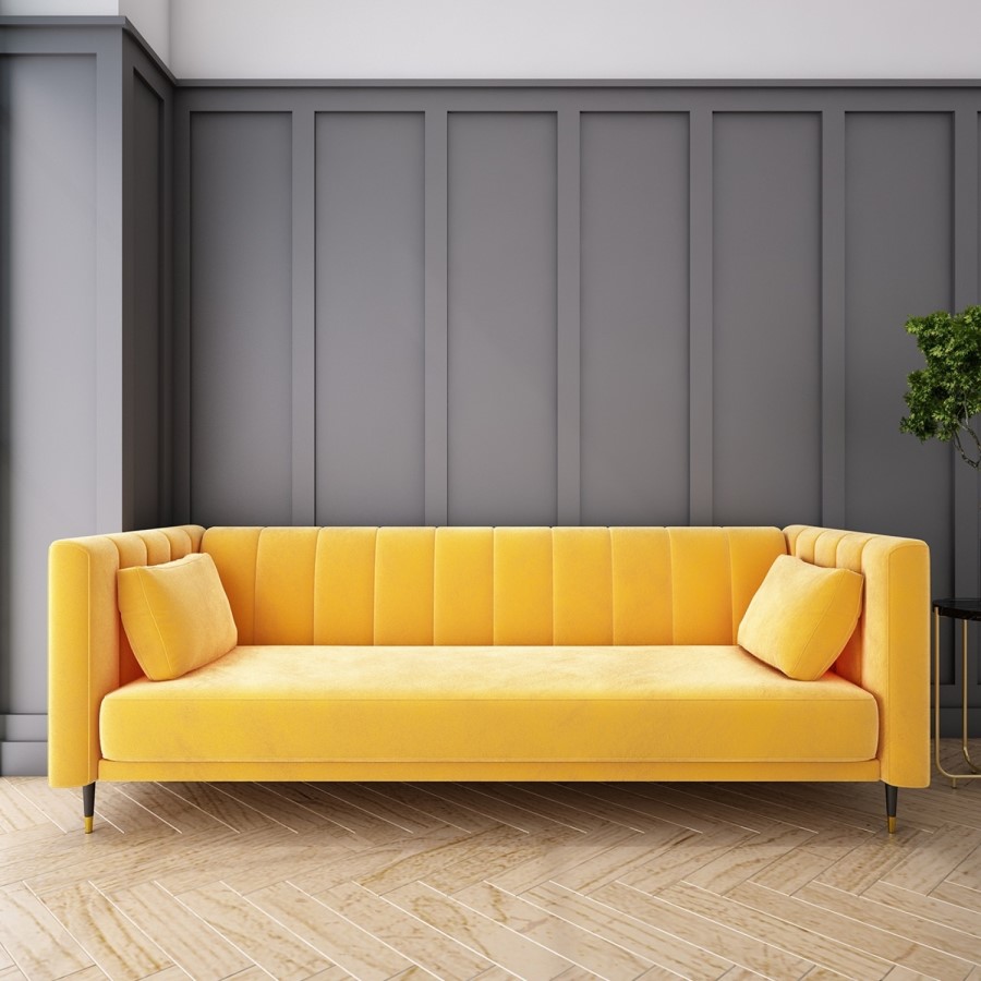 GRADE A1 - Yellow Velvet 3 Seater Sofa Bed with Cushions - Sleeps 2 - Mabel
