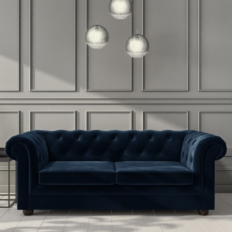 GRADE A2 - 3 Seater Pull Out Chesterfield Sofa Bed in Navy Blue Velvet - Bronte