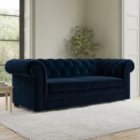 ALMOST PERFECT - Navy Velvet Chesterfield Pull Out Sofa Bed - Seats 3 - Bronte ALMOST PERFECT - Navy Velvet Chesterfield Pull Out Sofa Bed - Seats 3 - Bronte