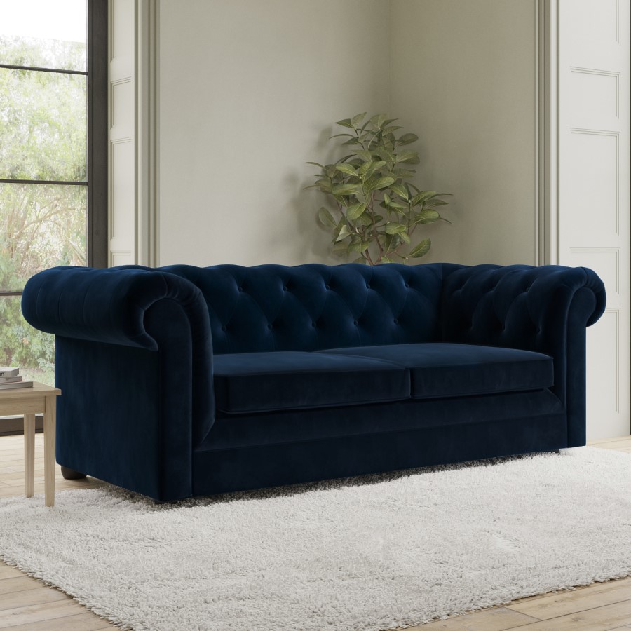 ALMOST PERFECT - Navy Velvet Chesterfield Pull Out Sofa Bed - Seats 3 - Bronte