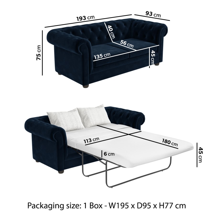 ALMOST PERFECT - Navy Velvet Chesterfield Pull Out Sofa Bed - Seats 3 - Bronte