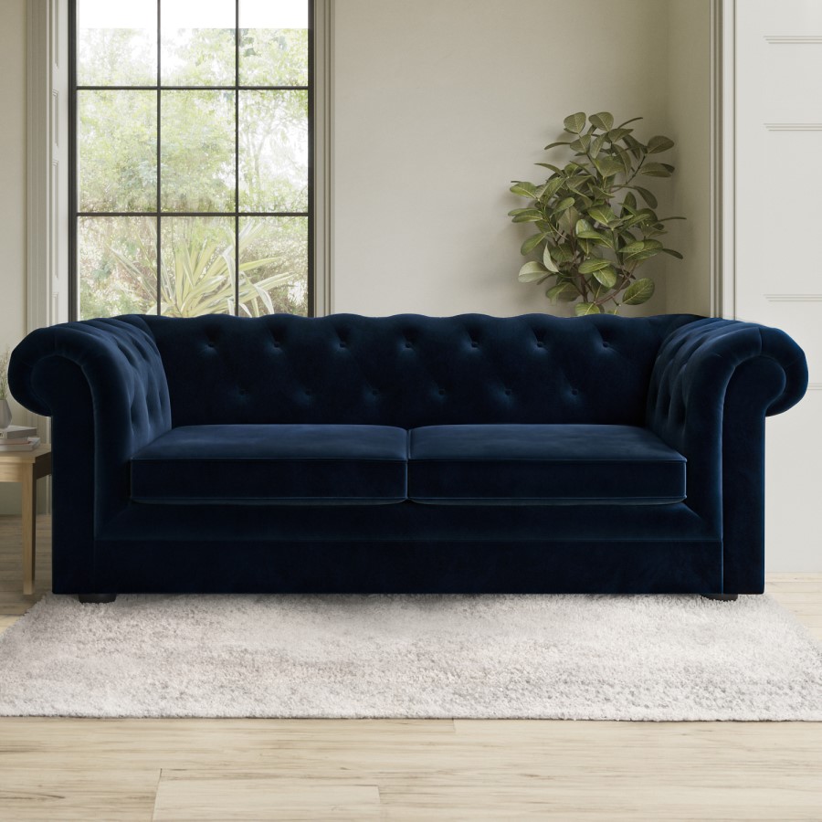 ALMOST PERFECT - Navy Velvet Chesterfield Pull Out Sofa Bed - Seats 3 - Bronte