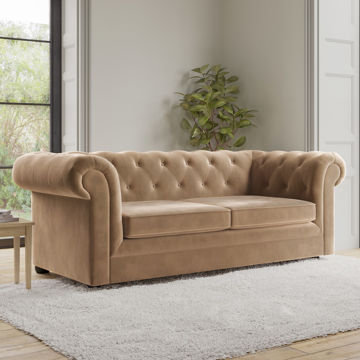 Photo of Beige velvet chesterfield pull out sofa bed - seats 3 - bronte