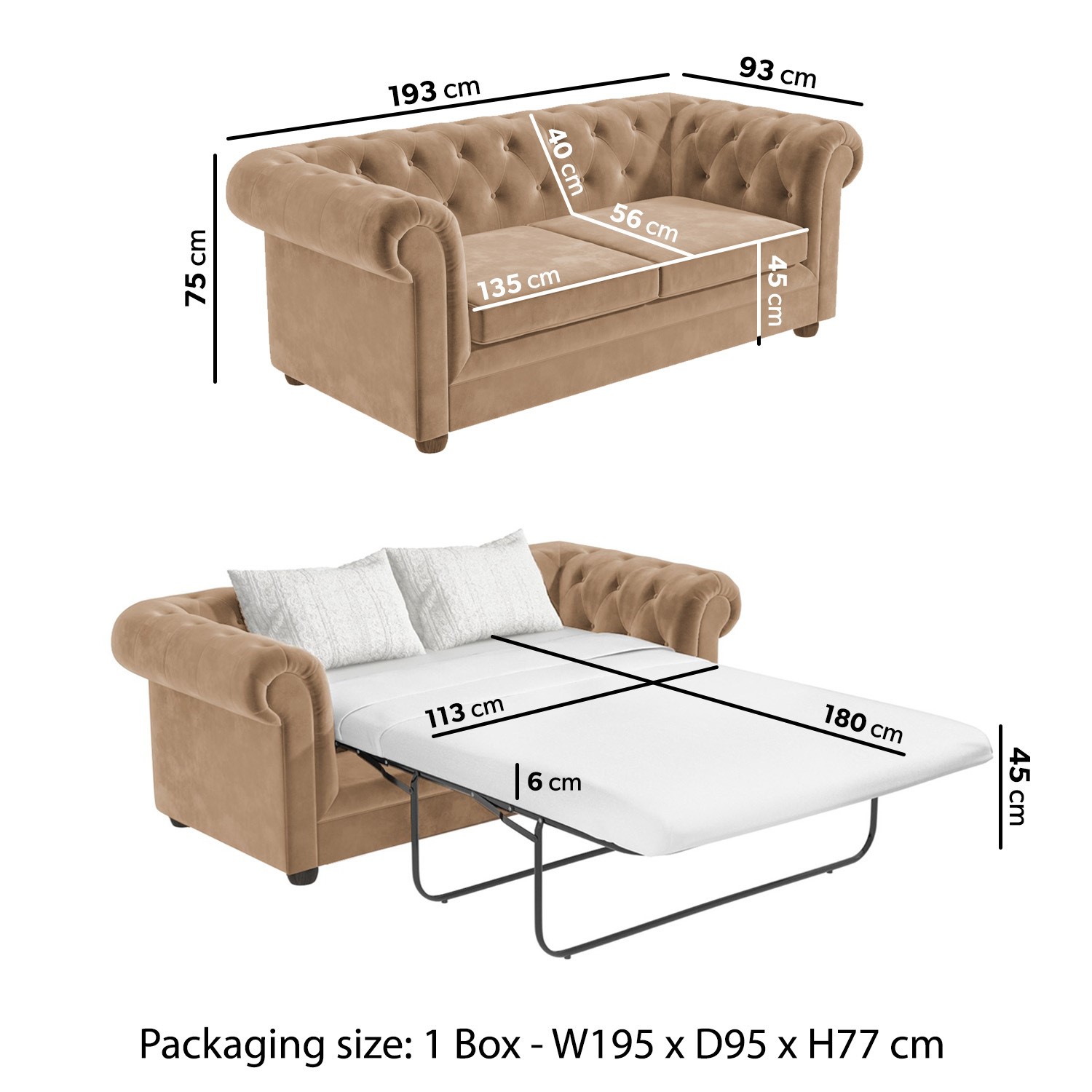 3 Seater Chesterfield Sofa Bed In Beige, Cream Leather Chesterfield Sofa Bed