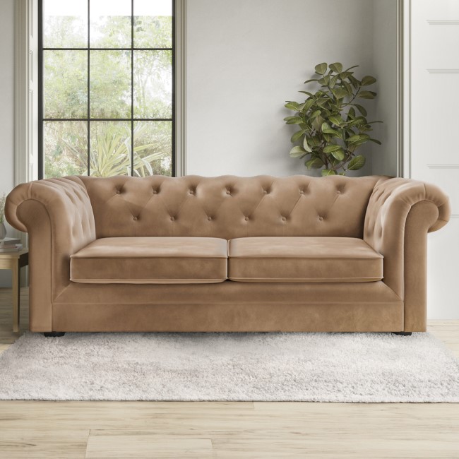 Beige Velvet Chesterfield Pull Out Sofa Bed - Seats 3 - Bronte