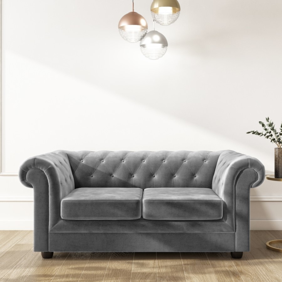 GRADE A2 - Chesterfield Sofa in Grey Velvet - Seats 2 - Bronte
