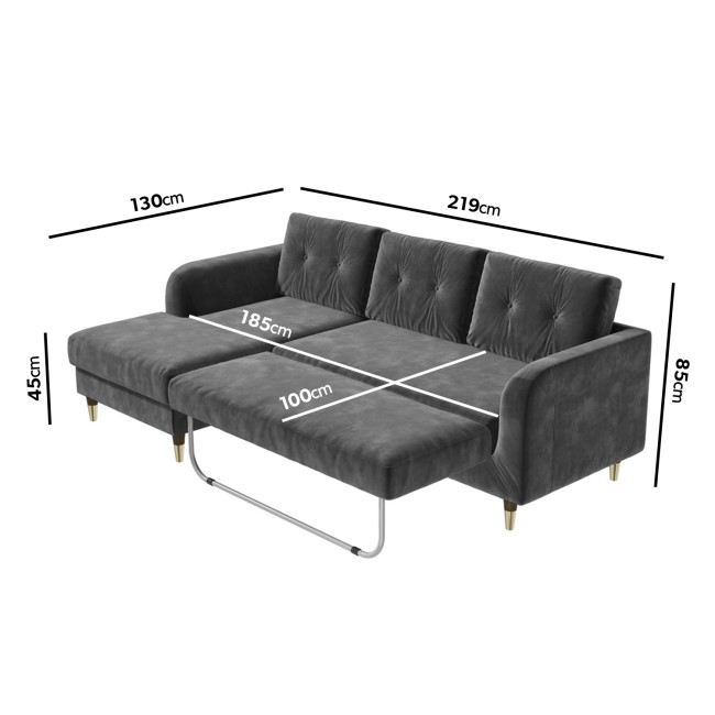 Grey L Shaped Sofa Bed in Velvet  - Left Hand Facing - Sutton