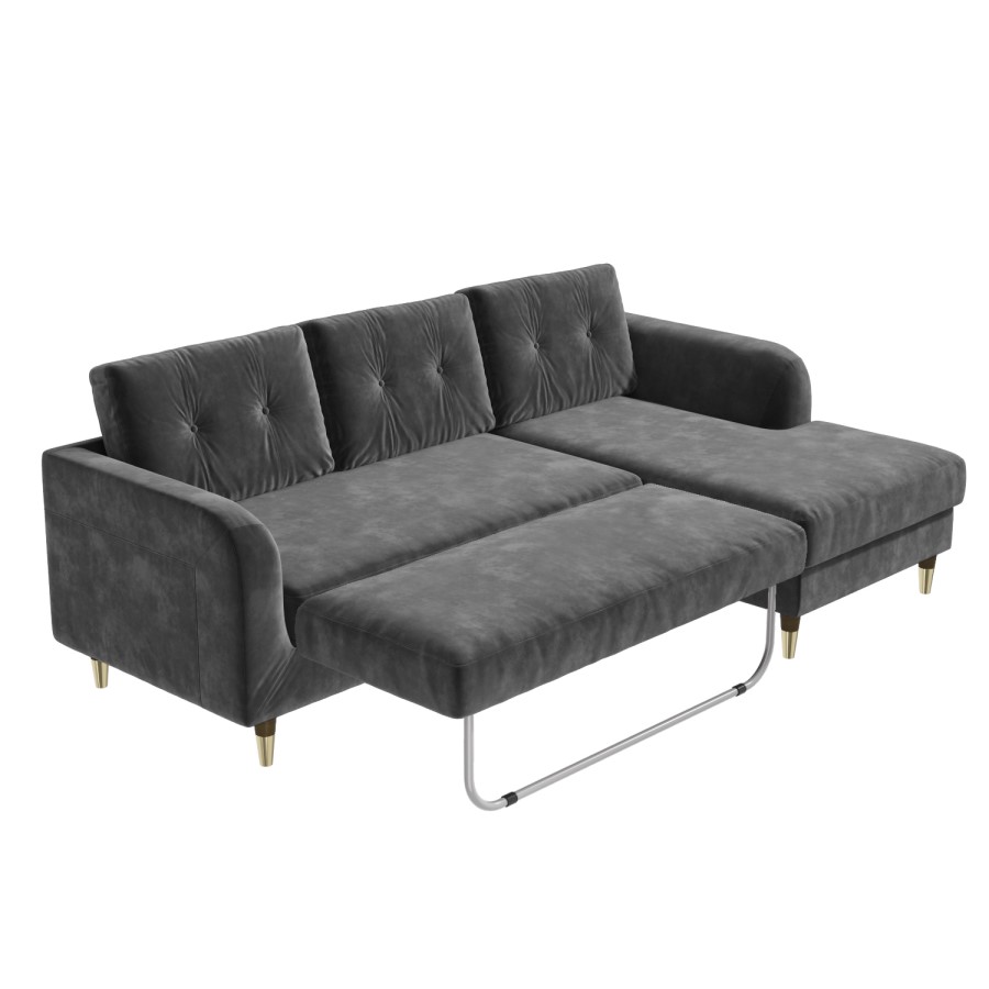 Grey L Shaped Sofa Bed in Velvet  - Right Hand Facing - Sutton