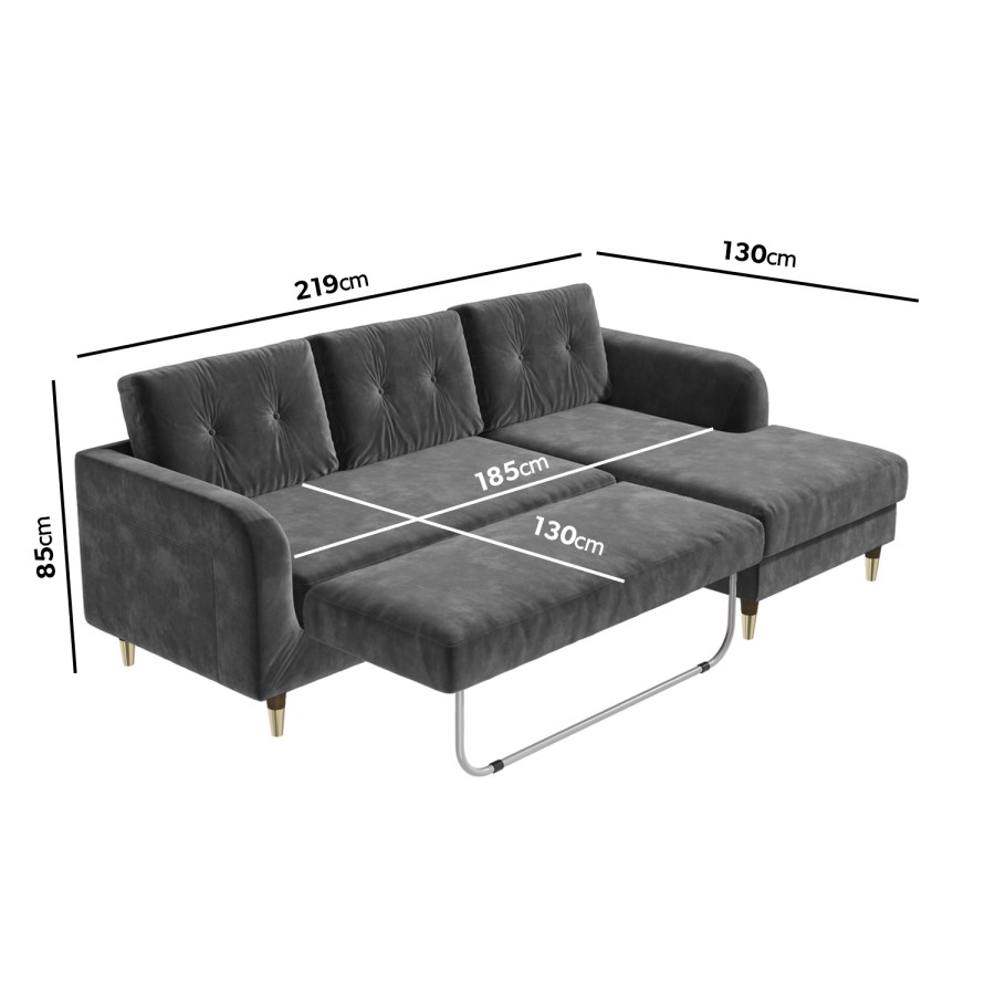 Grey L Shaped Sofa Bed in Velvet  - Right Hand Facing - Sutton