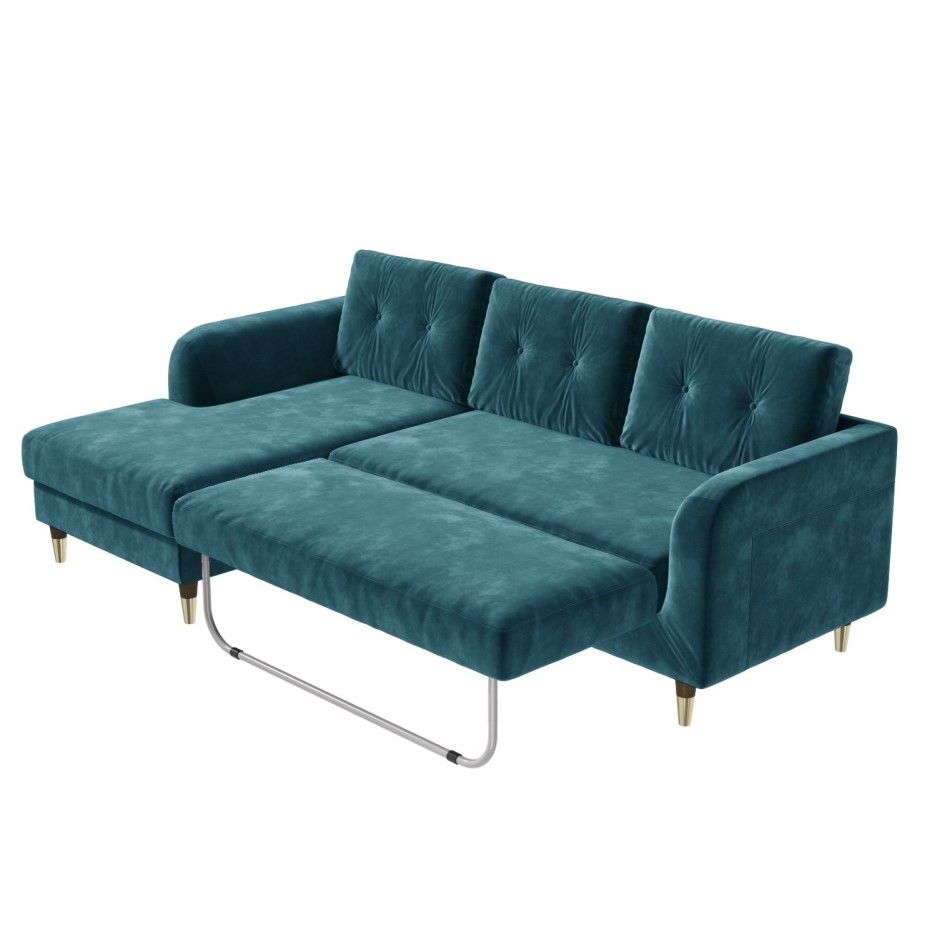 Left Hand Facing Corner Sofa Bed in Teal Blue Velvet Seats 3 Sutton