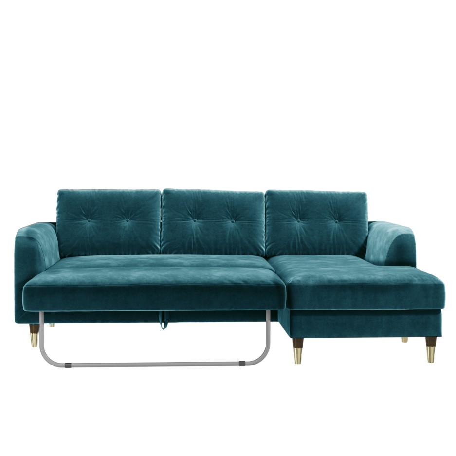 Right Hand Facing Corner Sofa Bed in Teal Blue Velvet Seats 3